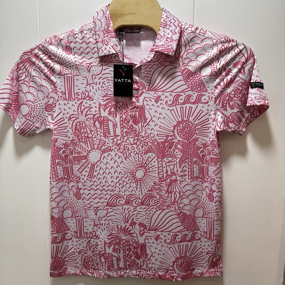YATTA GOLF‎ Men's Hawaiian Pink White Tropical Hula Polo Shirt Size Small NEW